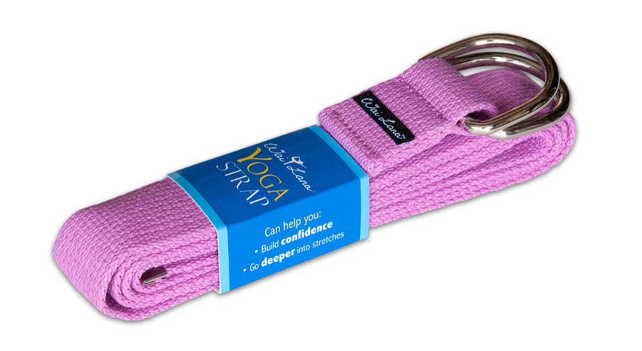 Pink yoga strap with a blue label on a white background