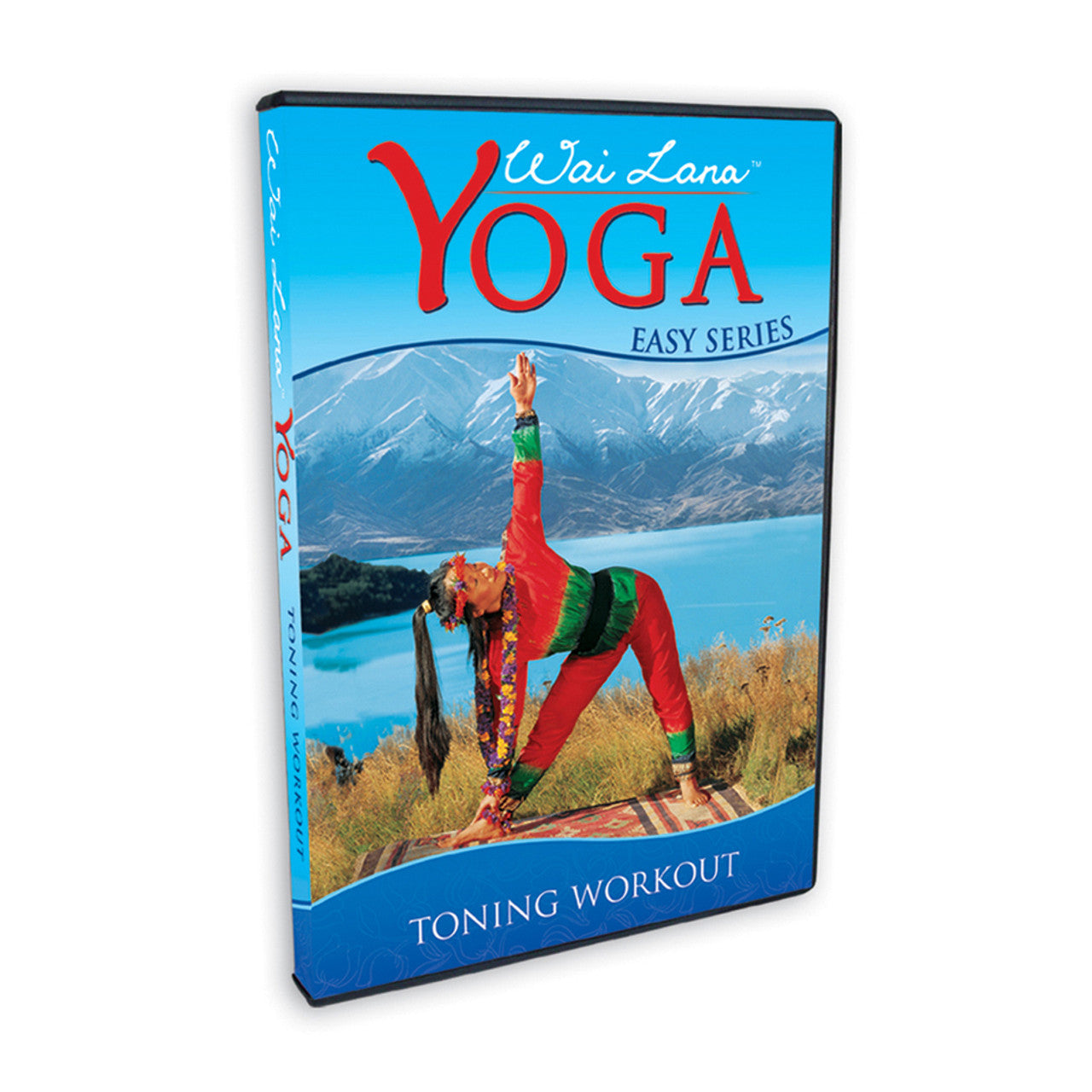 a yoga mat: Yoga DVD cover with person in red outfit against a mountain and lake background