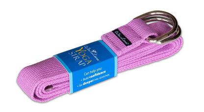 Pink yoga strap with a blue label on a white background